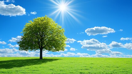 Fototapeta premium Single Tree in Green Field Under Bright Sunny Sky