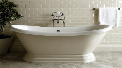 Fototapeta premium A luxurious bathroom with new subway tiles on the walls and hexagonal tiles on the floor.