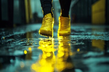Vibrant yellow boots splash through puddles in a rainy urban environment during twilight hours