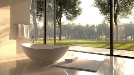 A luxurious freestanding tub beside a clear glass wall, offering an unobstructed view of the serene bathroom.