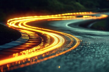 Long exposure captures swirling lights on a wet winding road at night after rain