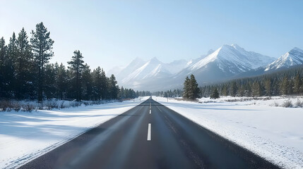 Snowy Road Leading Towards Snow Covered Mountains under Bright Blue Sky in a Winter Landscape