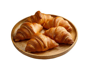 Fototapeta premium Wooden plate with freshly baked croissants, golden and flaky, isolated on white background