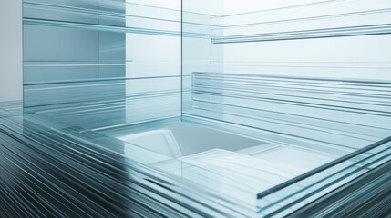 Obraz premium A minimalist bathroom under renovation, with glass panels stacked and ready to be installed around the bathtub.