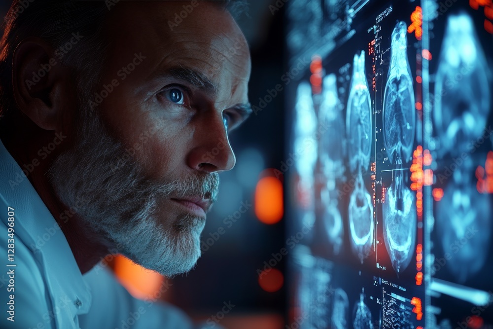 Poster medical professional analyzing brain scans in a high-tech laboratory setting during evening hours