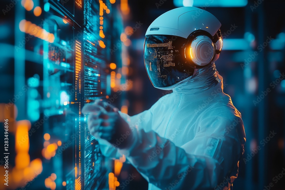 Poster futuristic technician interacts with digital interface in a high-tech environment during nighttime h