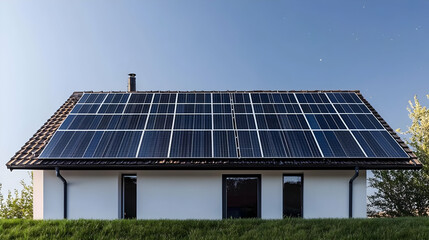 Naklejka premium Solar Panel Array Installed On A Modern White House Roof Under Blue Sky