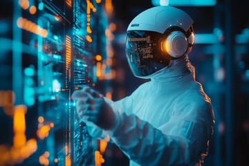 Futuristic technician interacts with digital interface in a high-tech environment during nighttime hours
