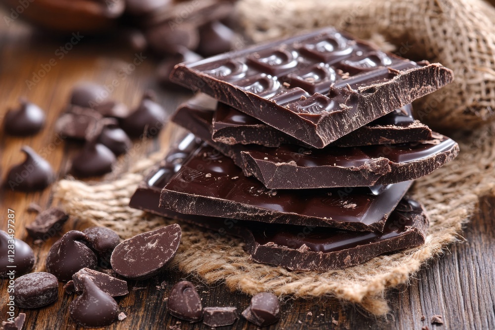 Poster dark chocolate pieces stacked on a rustic surface with chocolate chips scattered around. generative 