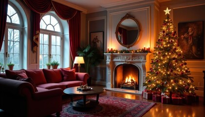 Elegant living room, ornate fireplace & sparkling Christmas tree , home, sparkle