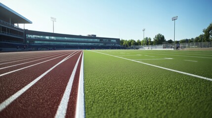College stadium with athletes practicing sprint starts. Featuring technique and power