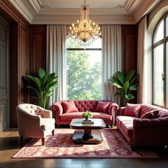 Elegant sitting area, crystal chandelier, art deco accents, sofa, grand
