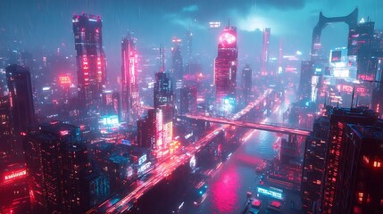 Fototapeta premium A breathtaking AI-created metaverse, where a digital avatar explores an endless cybernetic city of floating skyscrapers, translucent neon bridges, and AI-driven holographic assistants.