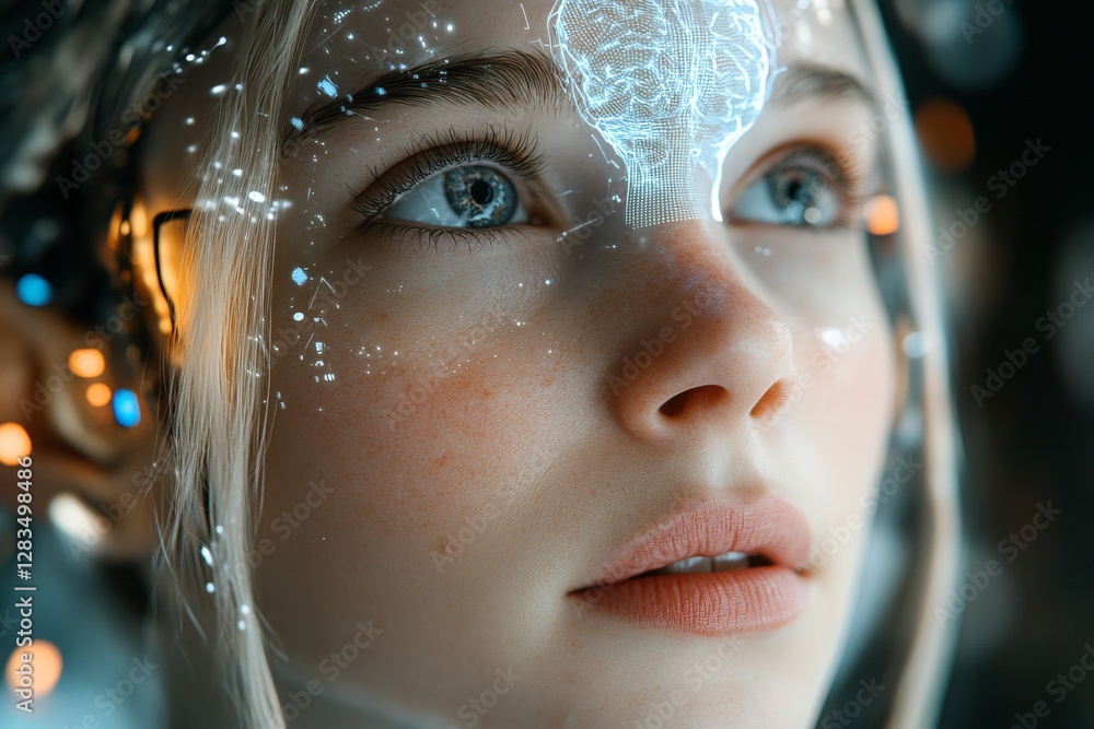 Poster young woman with futuristic digital interface overlay exploring advanced technology concepts in vibr
