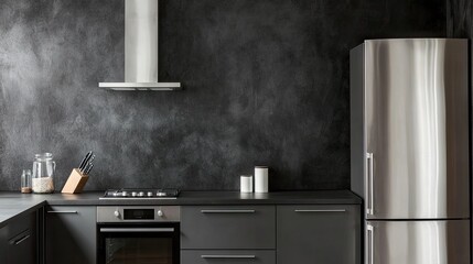 A modern, industrial-style kitchen with dark painted walls, contrasting against metallic appliances.