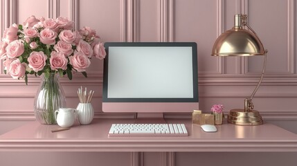 Pink workspace mockup with computer, flowers, and lamp