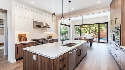 A modern kitchen with newly installed sleek porcelain tiles, reflecting warm natural light.