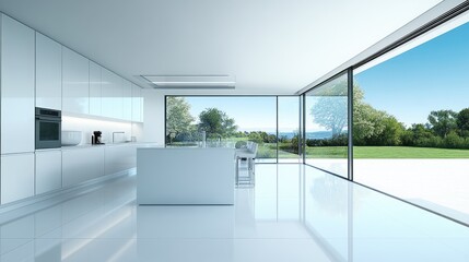 Fototapeta premium A modern kitchen with newly installed sleek porcelain tiles, reflecting warm natural light.