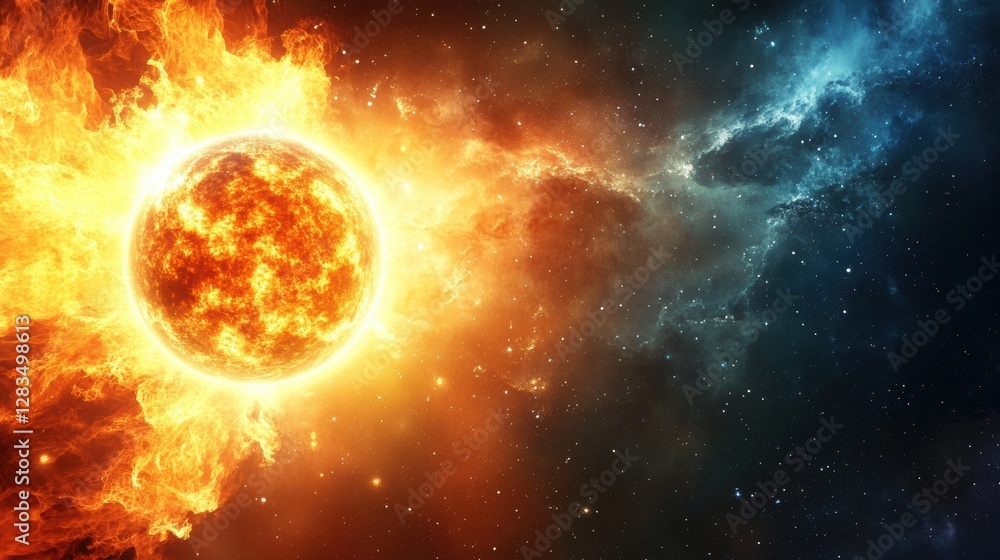Poster radiant sun surrounded by cosmic colors illuminating the vastness of space with fiery brilliance. ge