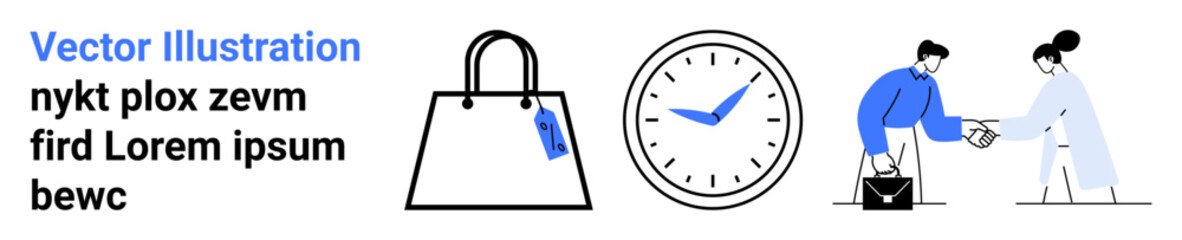Shopping bag with tag, clock indicating time, handshake between business people. Ideal for retail, shopping, time management, business deals, partnerships, commerce flat landing page banner