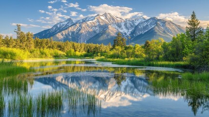 stunning mountain landscape photography Scenic view of mountains reflecting in a serene lake surrounded by lush greenery.