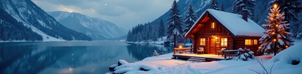 Fototapeta premium Cozy cabin by snowy lake with Christmas tree, warm firelight and soft snowfall , lake, peaceful