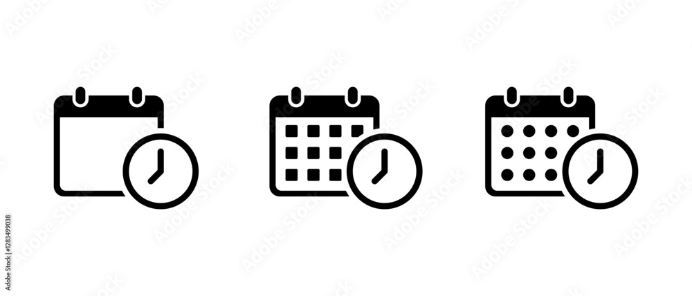 Poster calendar with time icon set. date with clock sign symbol