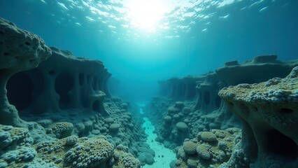 Fototapeta premium Sunlit underwater view of a coral reef affected by bleaching with damaged coral and clear ocean water 