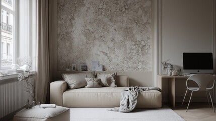 A neutral-themed living room featuring a comfortable workspace, a cozy couch, and wallpapered elegance.