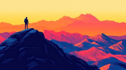 Fototapeta premium stunning mountain landscape photography A hiker stands atop a colorful mountain peak, overlooking a stunning sunset landscape.