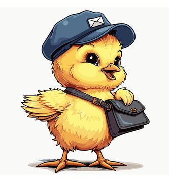 Pulcino postino con cappello e borsa porta lettere. Generative AI