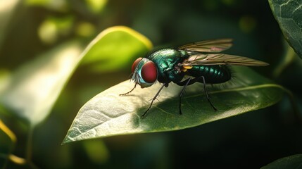 Fototapeta premium Close-up of a vibrant fly resting on a leaf