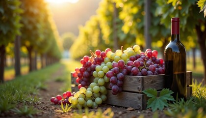 Wooden crate of colorful grapes and a bottle of wine in a vineyard during sunset
