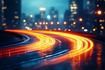 Long exposure captures light trails from moving vehicles on a rainy urban road at night