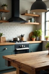 Fototapeta premium Rustic wooden kitchen countertop, blurred Scandinavian kitchen, wooden, light, minimal
