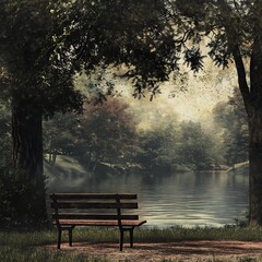 Tranquil Lake Park Bench by AI Generative Top Quality Image