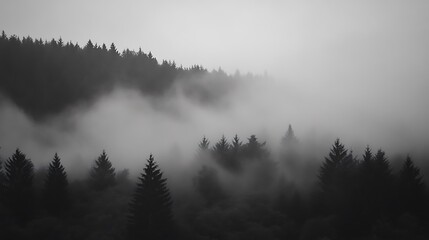 Fototapeta premium Mystical Forest Landscape with Fog Rolling Through the Evergreen Trees