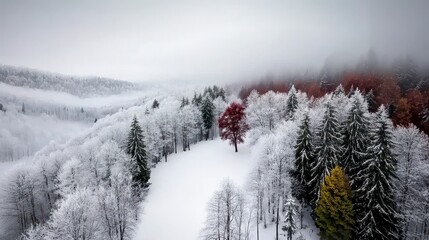 Aerial View of Snowy Landscape with Red and Yellow Trees in Winter