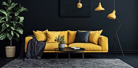 Yellow couch in dark room with floor lamp and plants.