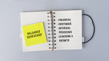 A professional workspace setup featuring a clipboard with a balanced scorecard document,...