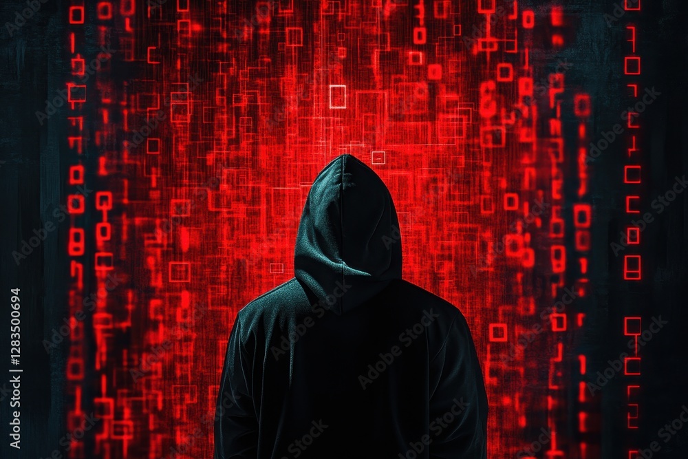 Poster mysterious figure in hooded cloak observing digital code on a red background in a dark setting