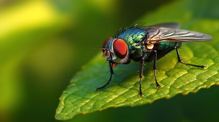 Fototapeta premium Close-up of a colorful fly resting on a green leaf