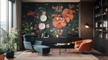 A professional and aesthetically pleasing workspace with floral-patterned wallpaper creating a chic background.