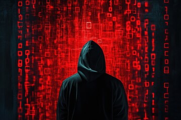 Mysterious figure in hooded cloak observing digital code on a red background in a dark setting