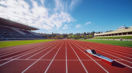 College stadium with athletes preparing for a 4x100m relay. Featuring speed and teamwork