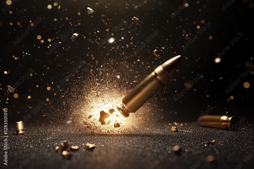 Poster bullet impacting the ground, creating an explosion of particles and sparks