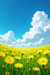 Obraz premium Field of vibrant yellow dandelions against a brilliant blue sky with fluffy white clouds , , flowers in field, bright blue sky