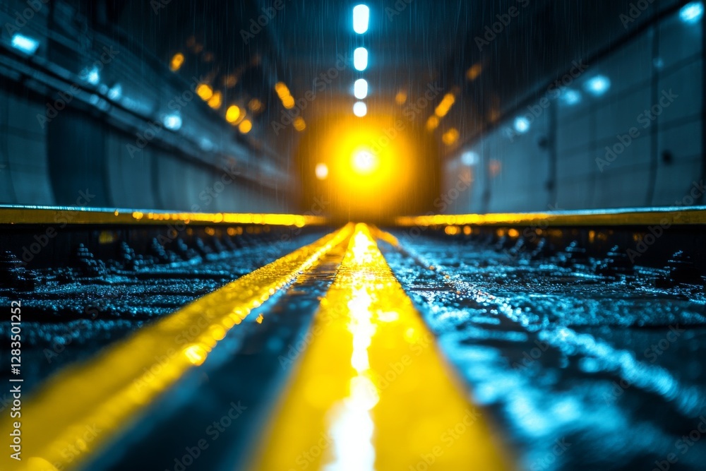 Poster nighttime view of a wet underground tunnel with bright lights and reflective surfaces creating a moo