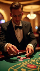 Handsome man in a black tuxedo playing poker at a casino table, focused on placing his bets. Concept of luxury, risk, and high-stakes gambling.