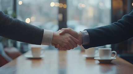 A sales leader and a satisfied client shaking hands in a modern coworking space, natural lighting, industrial-style furniture, coffee mugs on the table, relaxed yet professional atmosphere,